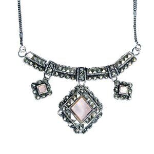 Art Deco Sterling Silver Necklace Marcasite Pink Mother Of Pearl MOP Diamond Shp